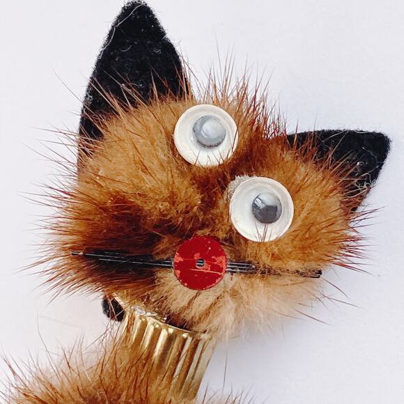 VTG Mid Century Brooch Mink Fur Cat Halloween Kitsch Googly Eyes Novelty Pin - Picture 4 of 7